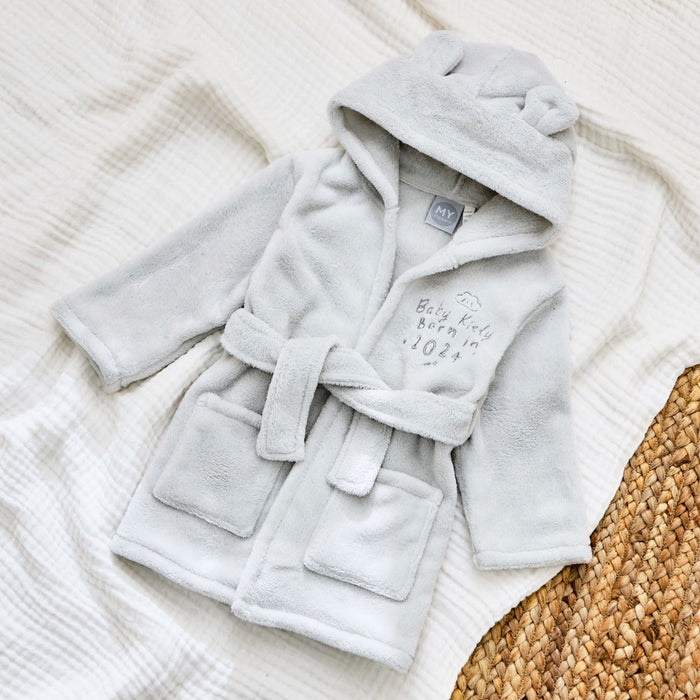 Personalised Born in 2024 Grey Fleece Robe with Ears