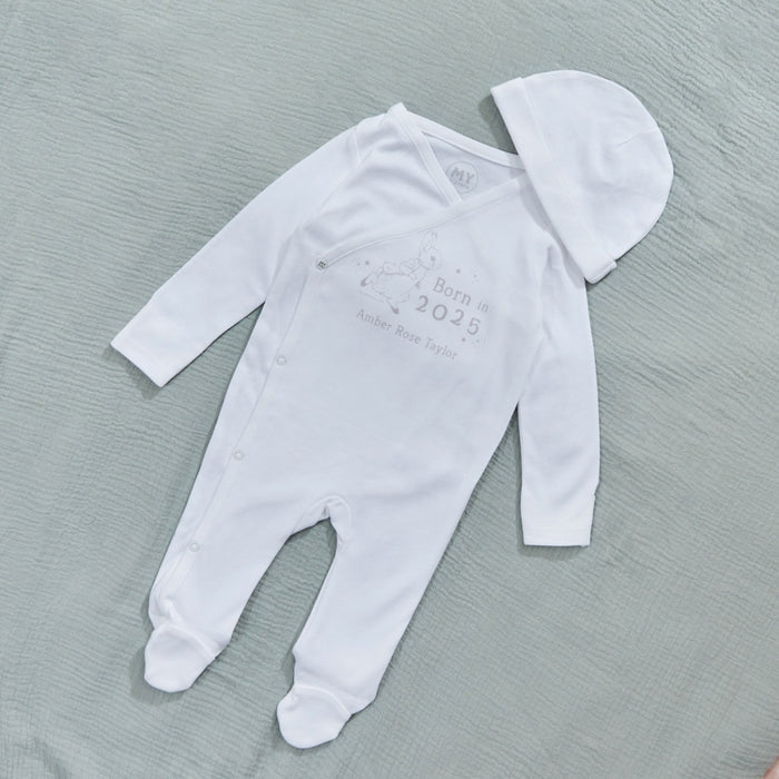 Personalised Born in 2025 Peter Rabbit™ Wrap Sleepsuit & Hat Set