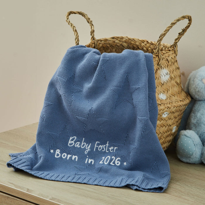 Personalised Born In 2026 Blue Star Jacquard Baby Blanket