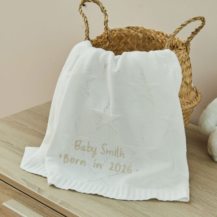 Personalised Born In 2026 Ivory Star Jacquard Baby Blanket