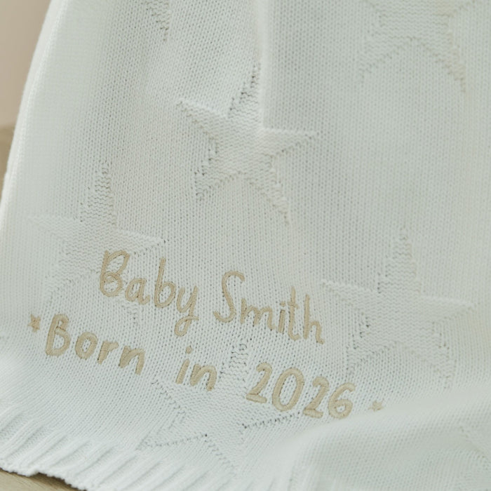 Personalised Born In 2026 Ivory Star Jacquard Baby Blanket