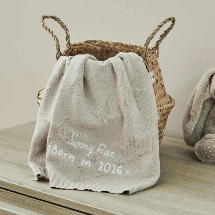 Personalised Born In 2026 Oatmeal Star Jacquard Baby Blanket
