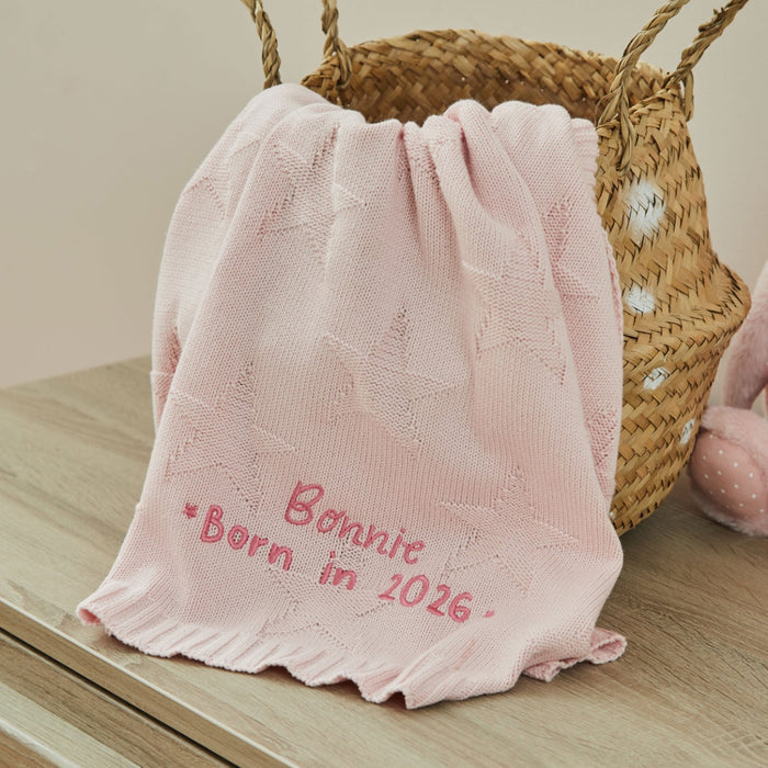 Personalised Born In 2026 Pink Star Jacquard Baby Blanket