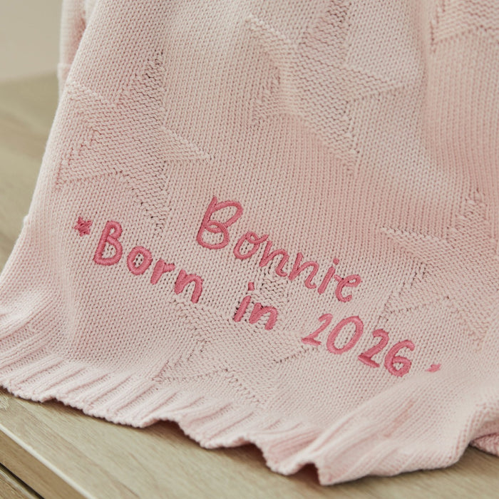 Personalised Born In 2026 Pink Star Jacquard Baby Blanket