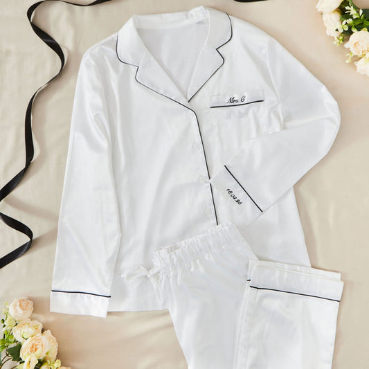 Personalised Bridal Party White Satin Pyjamas with Black Embroidery