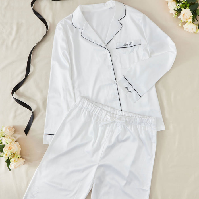 Personalised Bridal Party White Satin Pyjamas with Black Embroidery