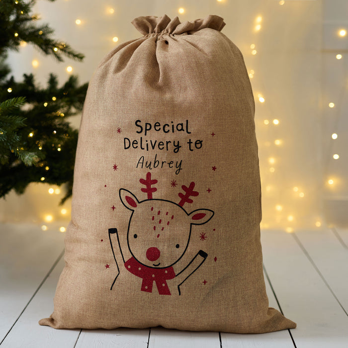 Personalised Brown Reindeer Christmas Sack