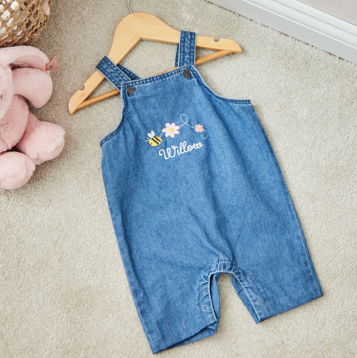 Personalised Bumblebee Design Short Legged Denim Dungarees