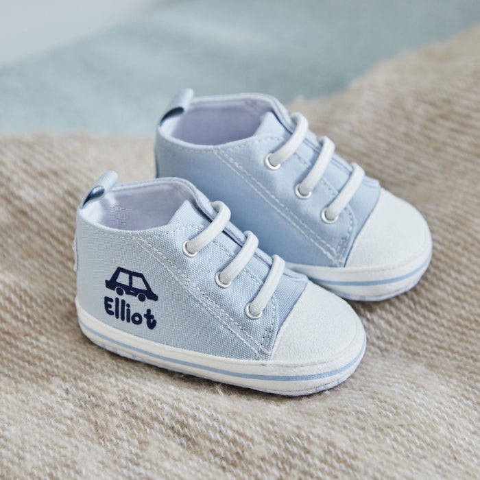 Personalised Car Blue Baby High Top Trainers