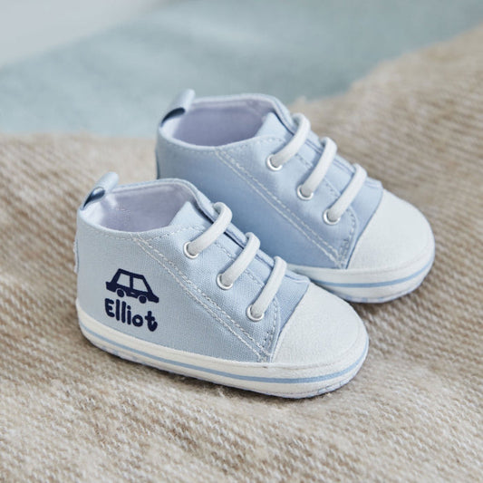Personalised Car Blue Baby High Top Trainers