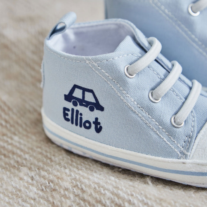 Personalised Car Blue Baby High Top Trainers