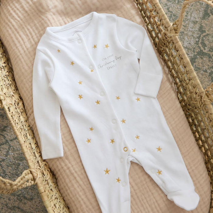 Personalised Christening Day Gold Star Sleepsuit
