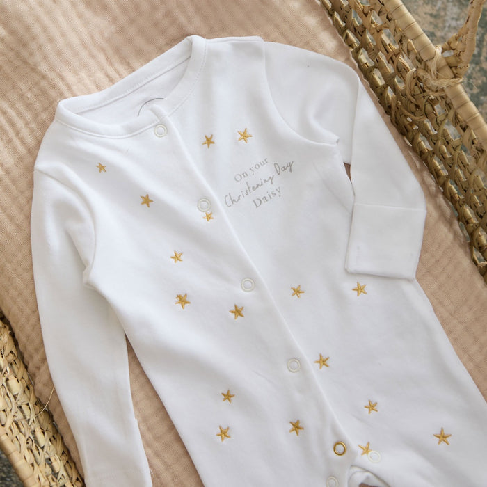 Personalised Christening Day Gold Star Sleepsuit