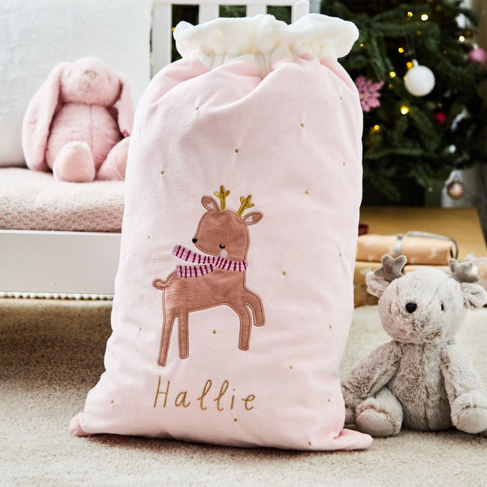 Personalised Christmas Reindeer Pink Gift Sack