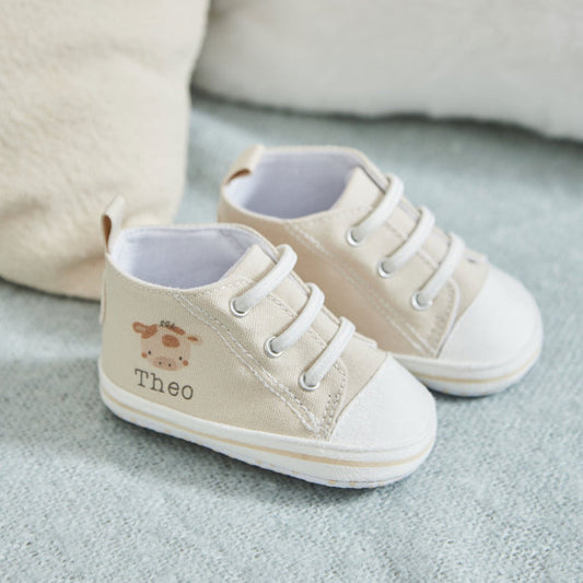 Personalised Cow Oatmeal Baby High Top Trainers