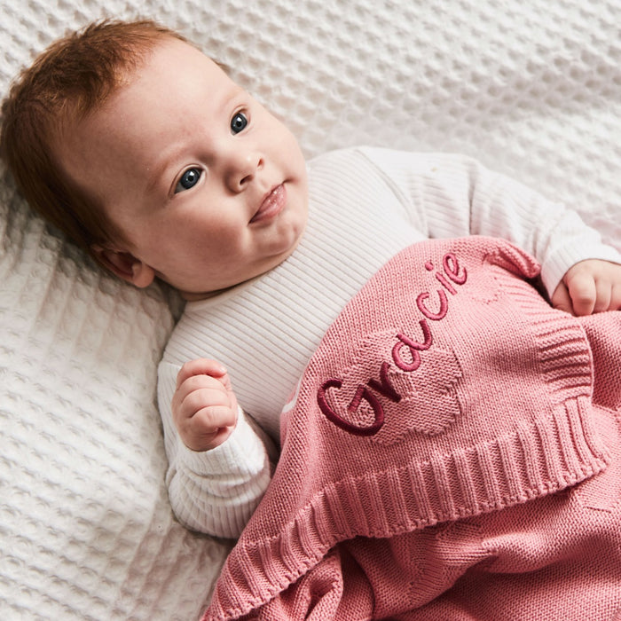 Personalised Daisy Peony Pink Jacquard Baby Blanket