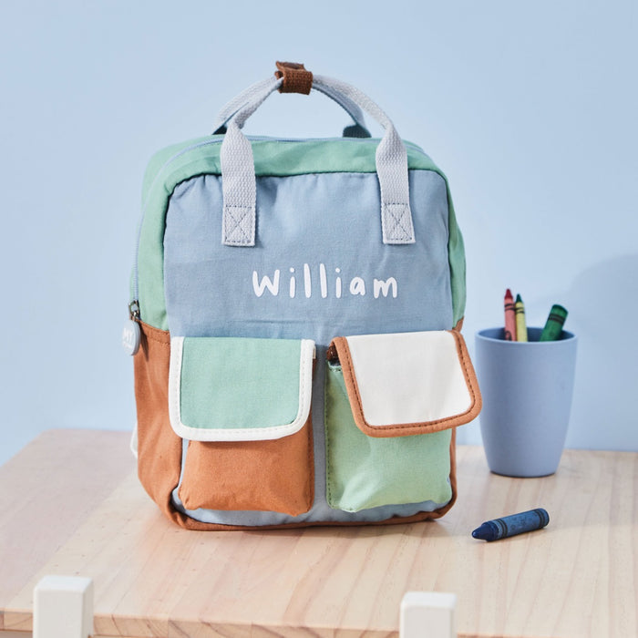 Personalised Double Pocket Colour Block Mini Backpack in Blue