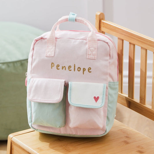 Personalised Double Pocket Colour Block Mini Backpack in Pink