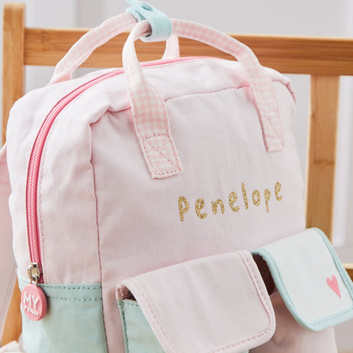 Personalised Double Pocket Colour Block Mini Backpack in Pink