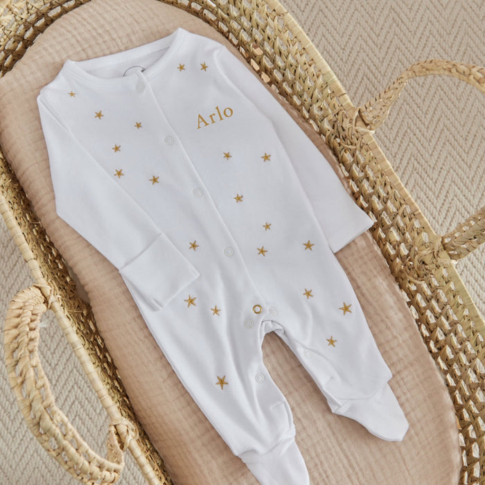 Personalised Embroidered Gold Star Organic Cotton Sleepsuit