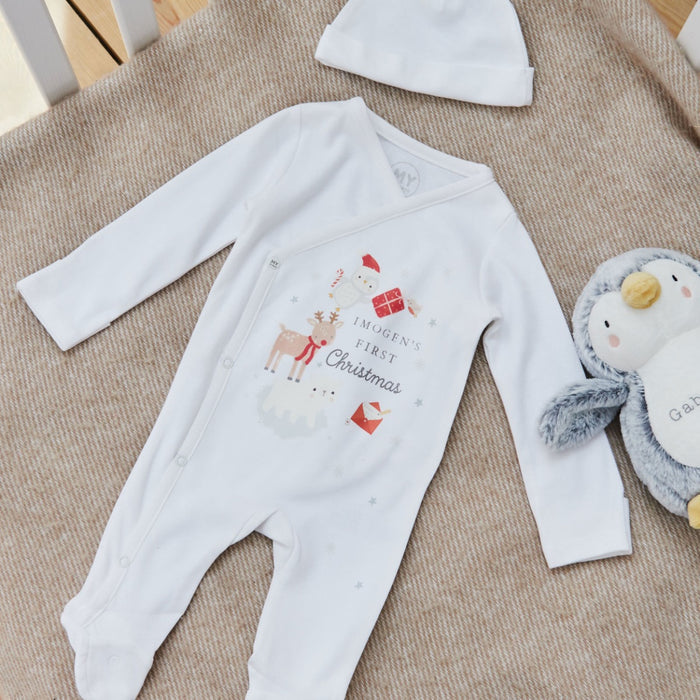Personalised First Christmas Stack Wrap Sleepsuit & Hat Set