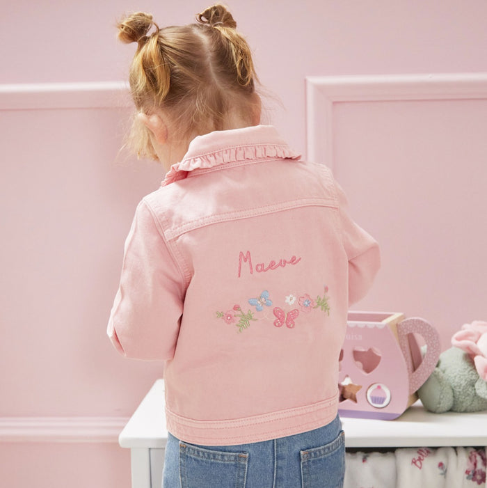 Personalised Floral Butterfly Pink Frill Denim Jacket