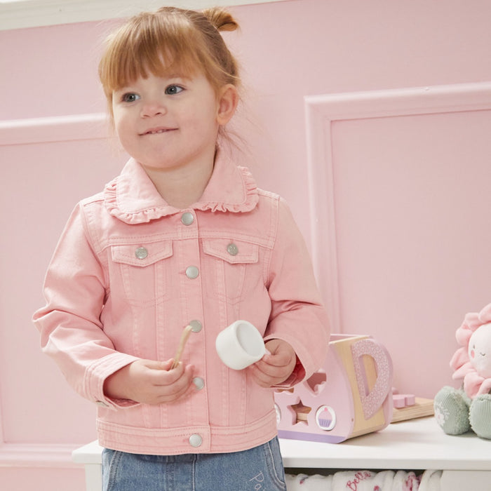Personalised Floral Butterfly Pink Frill Denim Jacket