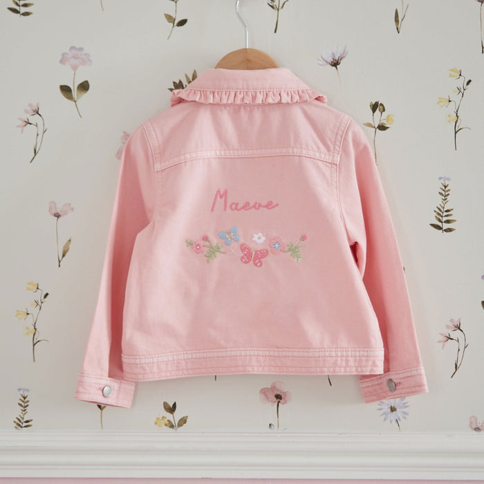 Personalised Floral Butterfly Pink Frill Denim Jacket