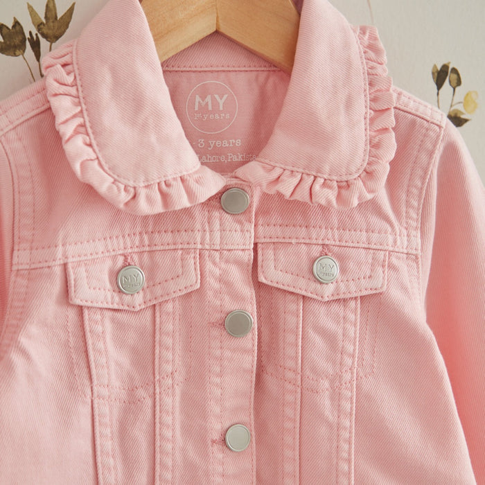 Personalised Floral Butterfly Pink Frill Denim Jacket