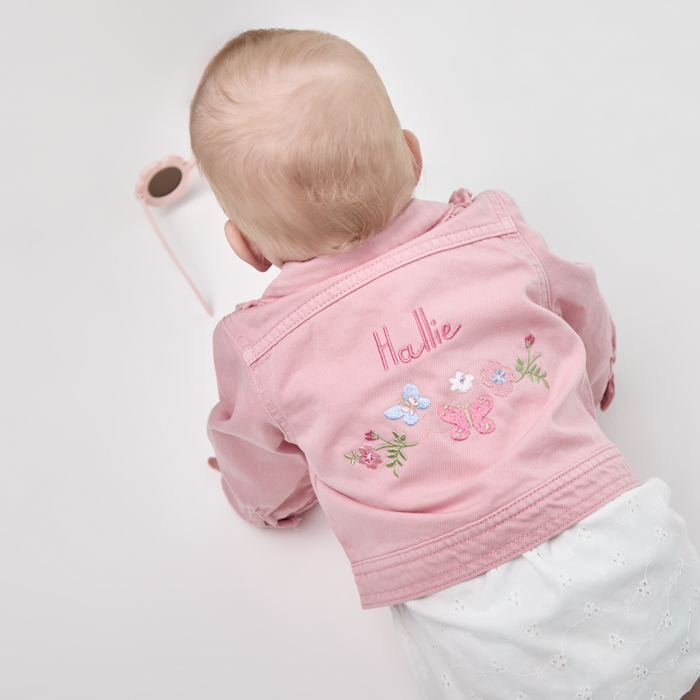 Personalised Floral Butterfly Pink Frill Denim Jacket