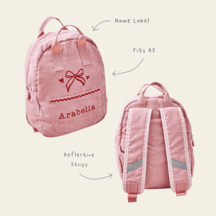 Personalised Frill Seekers Bow Pink Cord Mini Backpack