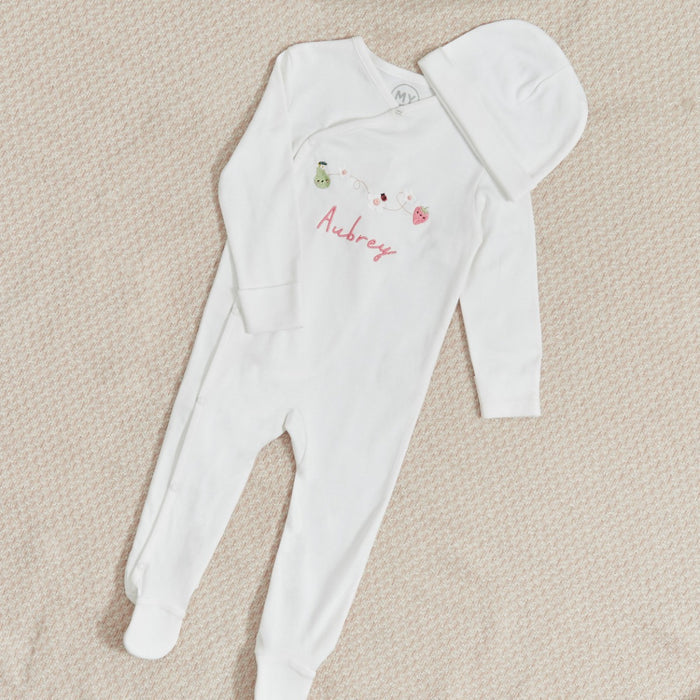 Personalised Fruit Floral Wrap Sleepsuit & Hat Baby Set