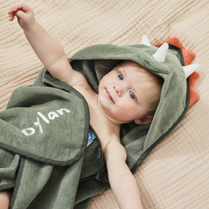 Personalised Green Dinosaur Hooded Towel