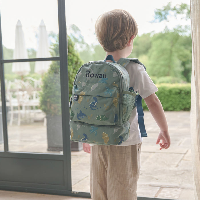 Personalised Green Dinosaur Print Mini Backpack with Compartment