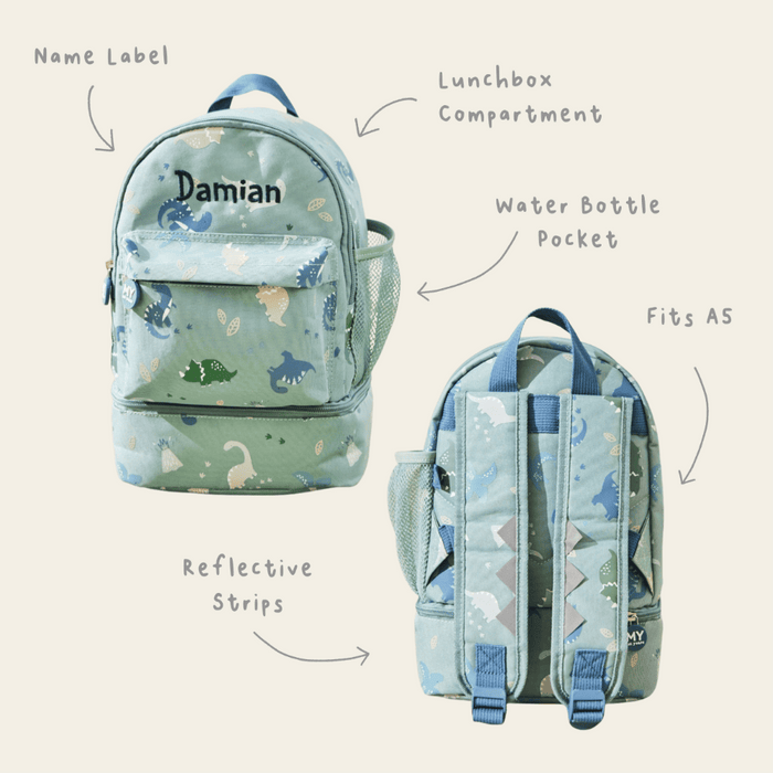 Personalised Green Dinosaur Print Mini Backpack with Compartment