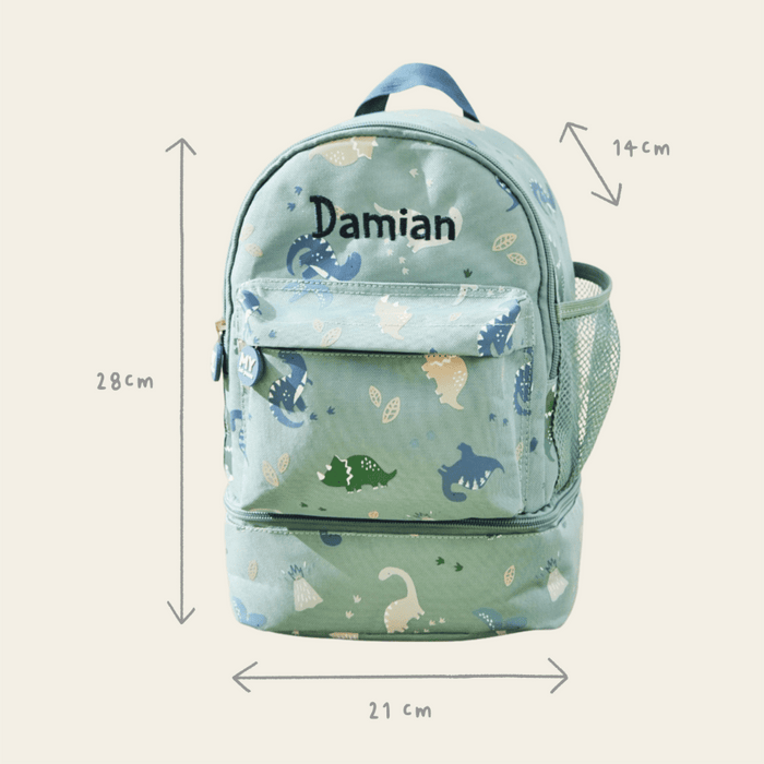 Personalised Green Dinosaur Print Mini Backpack with Compartment