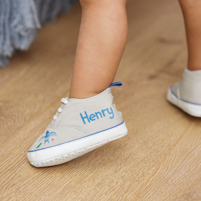 Personalised Grey Dinosaur Design Baby High Top Trainers