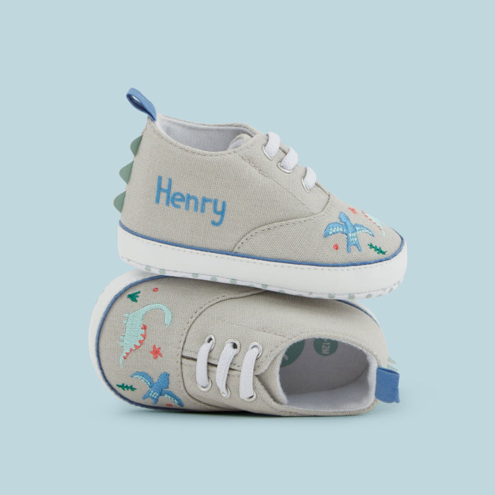 Personalised Grey Dinosaur Design Baby High Top Trainers