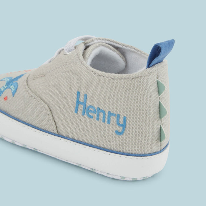 Personalised Grey Dinosaur Design Baby High Top Trainers