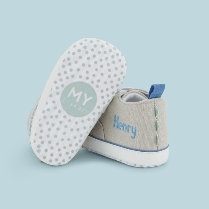 Personalised Grey Dinosaur Design Baby High Top Trainers