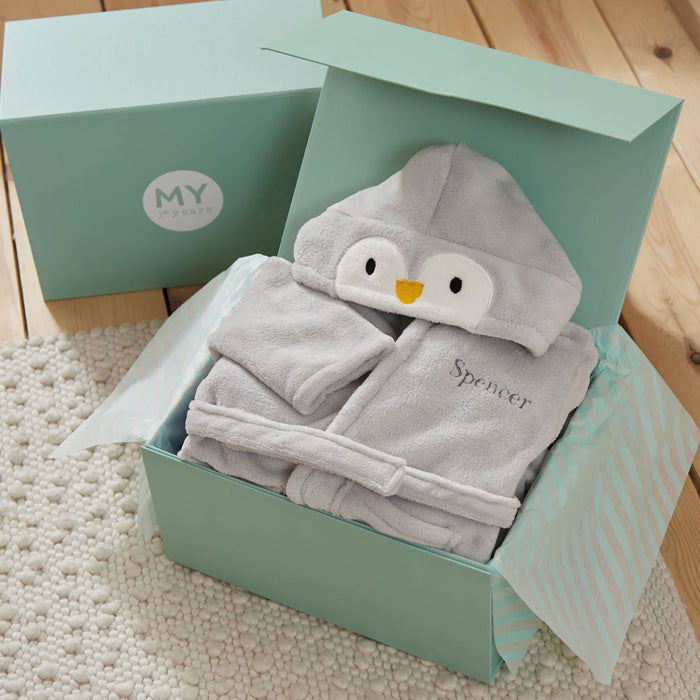 Personalised Grey Penguin Fleece Robe