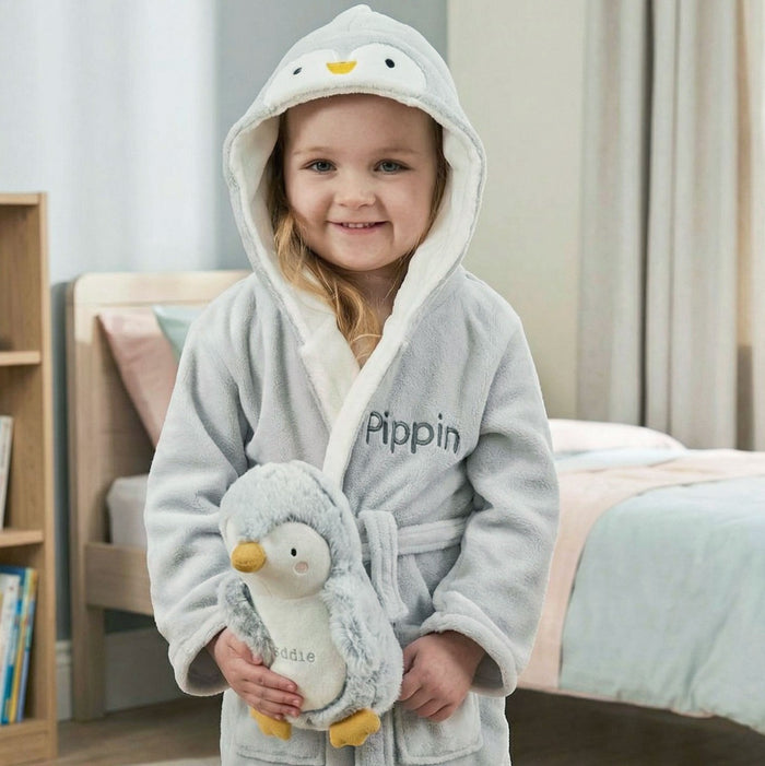 Personalised Grey Penguin Fleece Robe