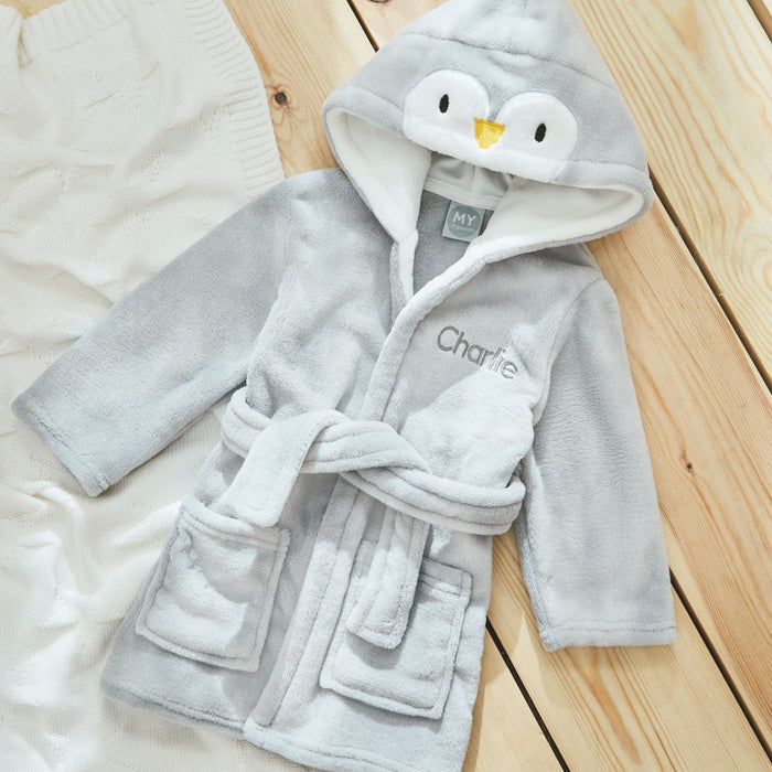Personalised Grey Penguin Fleece Robe