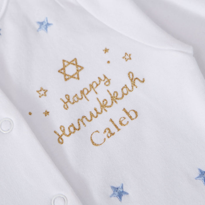 Personalised 'Happy Hanukkah' Blue Star Sleepsuit