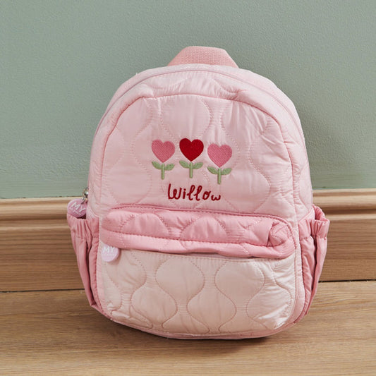 Personalised Heart Flower Pink Medium Quilted Backpack