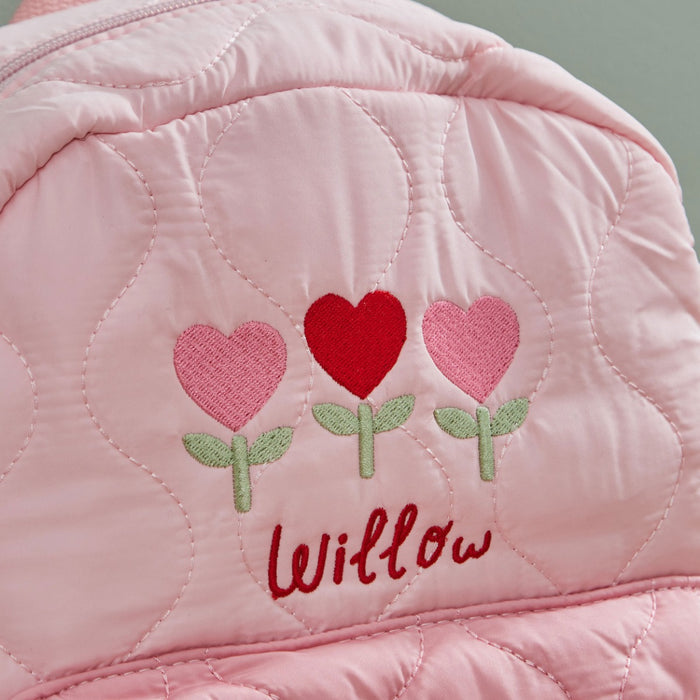 Personalised Heart Flower Pink Medium Quilted Backpack