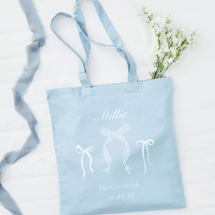 Personalised Hen Party Three Bow Tote Bag in Blue