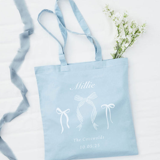 Personalised Hen Party Three Bow Tote Bag in Blue