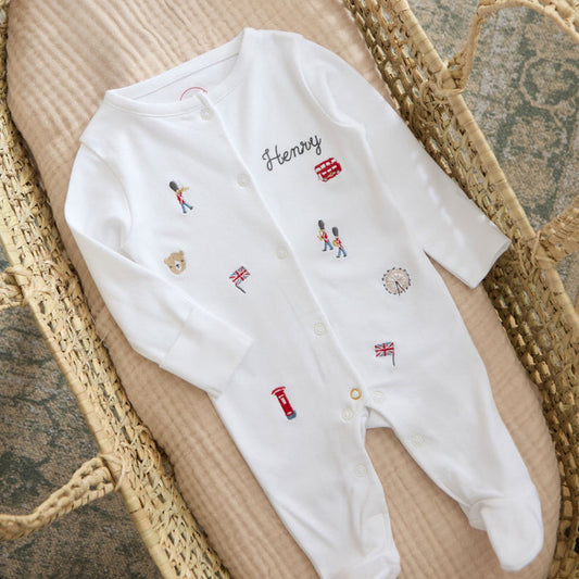 Personalised Heritage London Embroidered Organic Cotton Sleepsuit