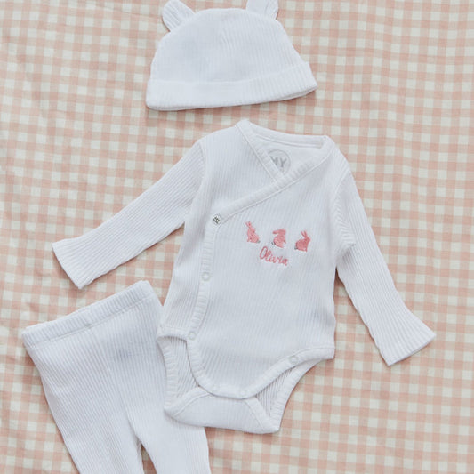 Personalised Home From The Hospital Three Bunnies Set